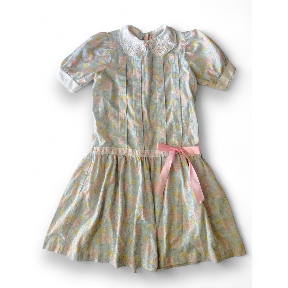 VINTAGE 80s Dress Drop Waist Flapper Style Floral Pastel Print Lace Ruffle